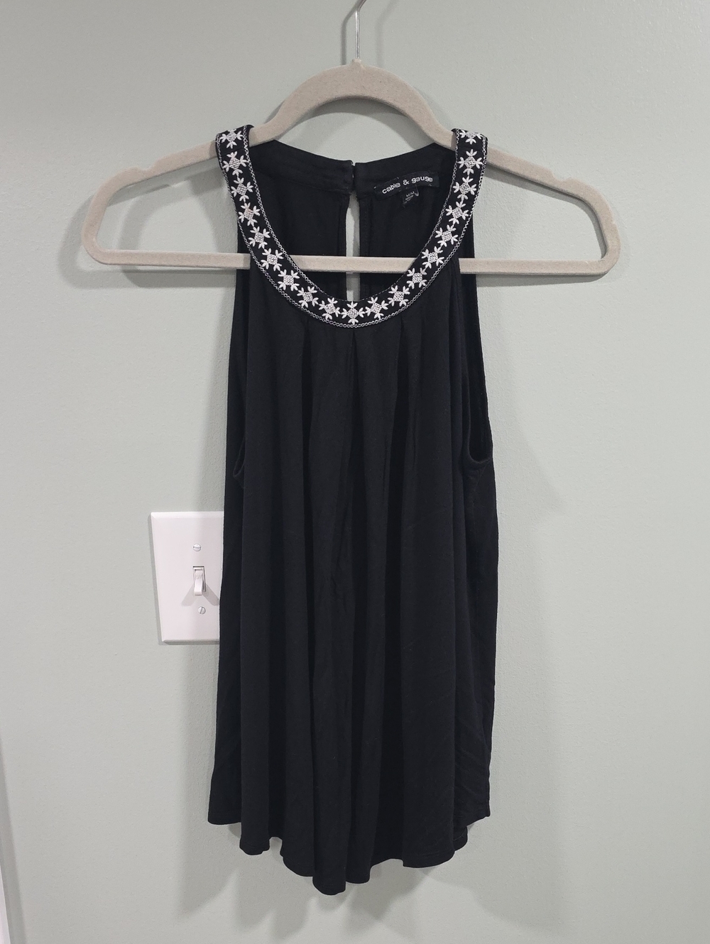 Cable & Gauge Black Tank Top with White Embroidered Neckline